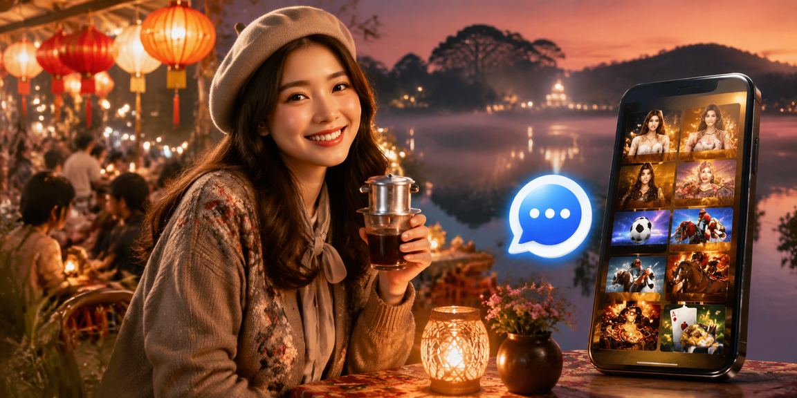 Người chơi tại Đà Lạt sử dụng ứng dụng mobile casino trên điện thoại bên ly cà phê